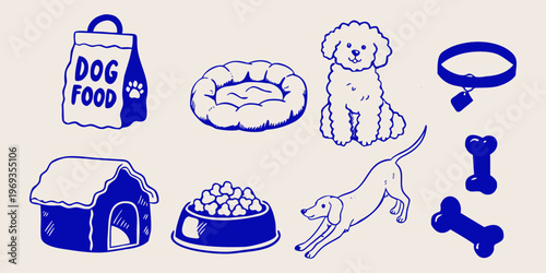 Hand drawn vector illustration of a set of cartoon Christmas icons featuring a baby bear and heart symbols for a fun holiday party design.