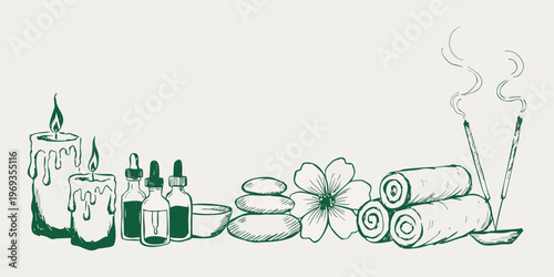Vintage vector illustration of a glass wine bottle and candles on an abstract blue floral background with winter ornaments and champagne swirls.
