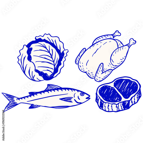 Hand Drawn Food Icons Set – Chicken, Fish, Steak and Cabbage Illustration.