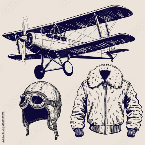 Vintage Aviation Pilot Gear Set with Biplane Illustration.