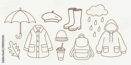 Vector illustration of a fashion collection featuring a black silhouette wedding dress set with summer clothing icons and sketch style woman accessories.