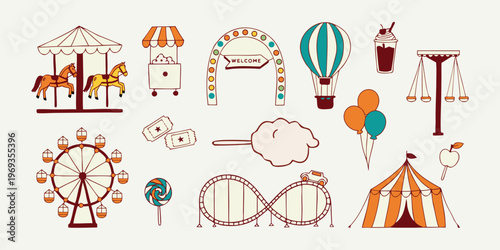 Amusement park and carnival icon set with ferris wheel carousel tent balloons and funfair elements.