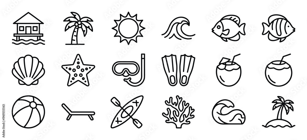 Obraz premium Collection of black outline summer and beach vacation icons, including a palm tree, sun, wave, fish, seashell, starfish, snorkel, fins, coconut drink, beach ball, lounge chair, kayak, coral,