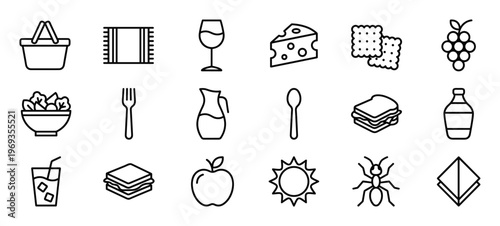 Collection of black outline picnic icons, including a basket, blanket, wine glass, cheese, crackers, grapes, salad, fork, pitcher, spoon, sandwich, bottle, drink, apple, sun, ant, and