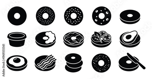 Collection of black and white bagel icons with various toppings and styles, presented as simple graphic illustrations