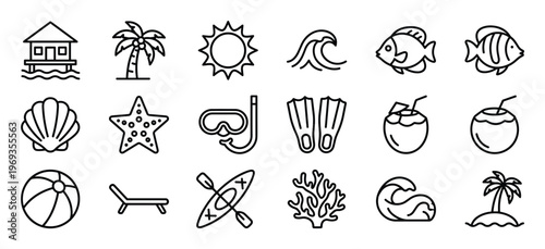 Collection of black outline summer and beach vacation icons, including a palm tree, sun, wave, fish, seashell, starfish, snorkel, fins, coconut drink, beach ball, lounge chair, kayak, coral,
