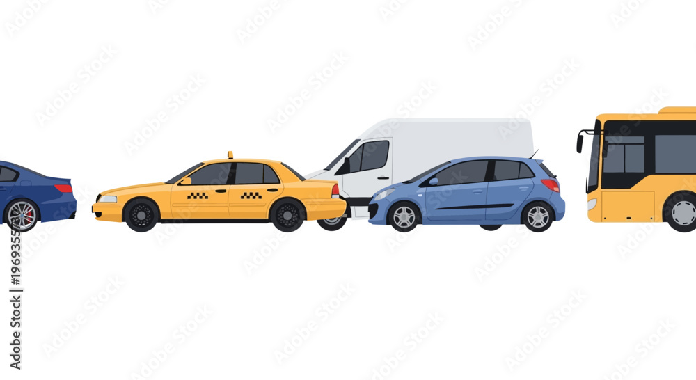 Obraz premium Variety of vehicles car taxi van bus illustration on white background