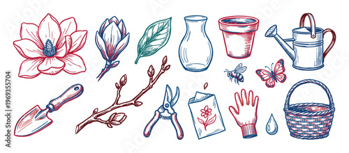 Collection of hand-drawn gardening tools, flowers, and insects in a vibrant red, blue, and green color palette, presented as a flat lay