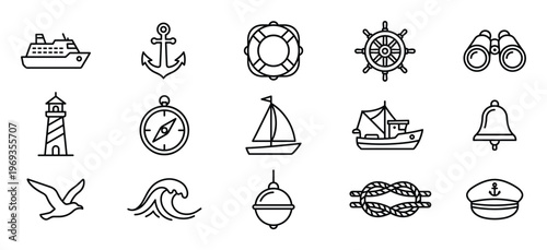 Collection of fifteen black outline nautical icons including ships, anchors, compass, and lighthouse, arranged neatly