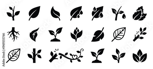 Comprehensive collection of twenty-four black silhouette plant and leaf icons, depicting various stages of growth, nature, and organic elements