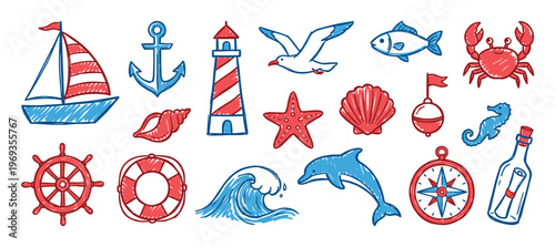 Collection of hand-drawn nautical and marine elements in red and blue colors, featuring a sailboat, anchor, lighthouse, and sea creatures