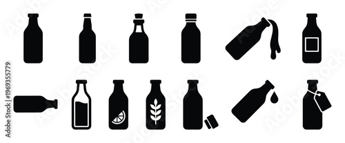 Collection of black silhouette bottle icons displaying various shapes, closures, and contents in a clean, modern vector style
