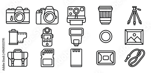 Comprehensive collection of black outline photography equipment icons, including cameras, lenses, and accessories, presented clearly