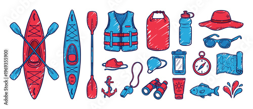 Collection of hand-drawn red and blue kayaking and outdoor adventure gear items, including kayaks, paddles, and safety equipment