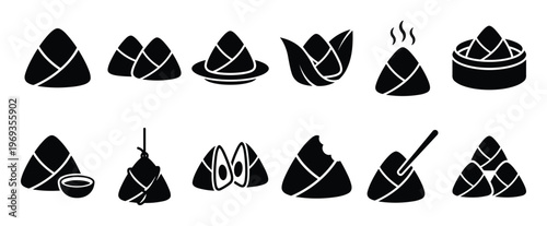 Collection of black silhouette zongzi icons, including steamed, bitten, and unwrapped variations, presented in a clean, graphic style