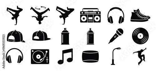 Various black silhouette icons representing hip-hop culture elements including breakdancers, boombox, headphones, and graffiti spray cans