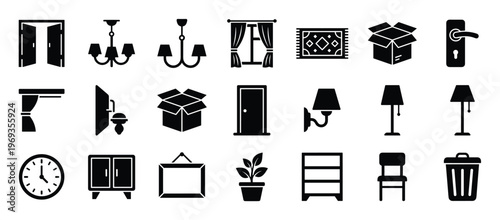 Collection of black silhouette icons representing various household items and furniture elements for interior design