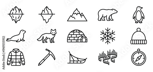 Collection of fifteen black outline icons representing various arctic and winter elements, including animals, structures, and tools