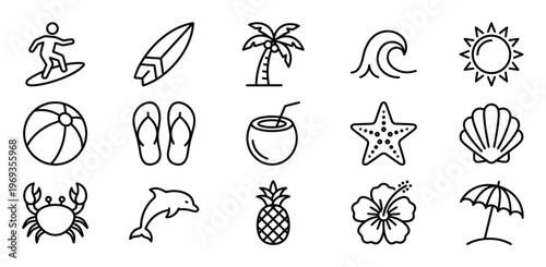Collection of fifteen black outline summer and beach-themed icons, including a surfer, palm tree, sun, and various sea creatures