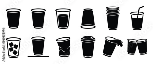 Collection of black silhouette disposable cups icons, including empty, filled, stacked, and crumpled designs, on a white surface