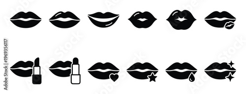 Collection of black silhouette lip icons showing various shapes, expressions, and lipstick applications in a clean, graphic style