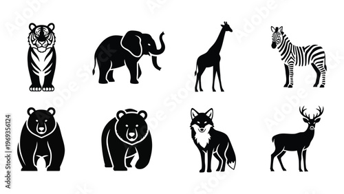 A collection of various african and north american wildlife animals presented in a striking black silhouette high quality professional detailed modern