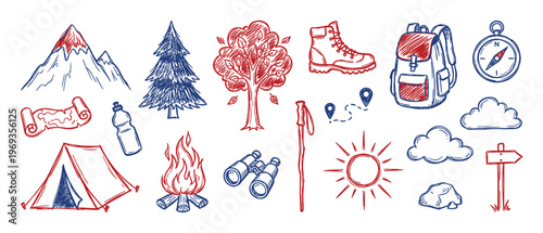 Collection of hand-drawn red and blue outdoor adventure and camping elements, including mountains, trees, and equipment