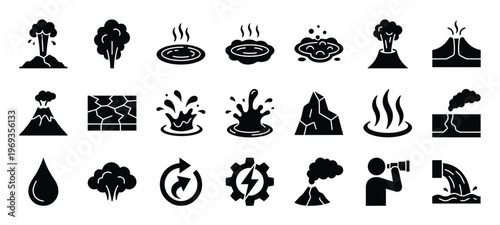Collection of twenty black glyph icons representing various natural phenomena and environmental concepts, presented in a clean, modern style