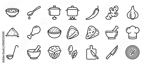 Comprehensive collection of cooking and food preparation line icons, featuring various ingredients, kitchen tools, and dishes in a clean, minimalist style