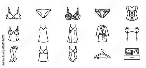 Collection of fifteen black outline icons representing various types of women's lingerie and undergarments, including bras, panties, corsets, robes, and stockings