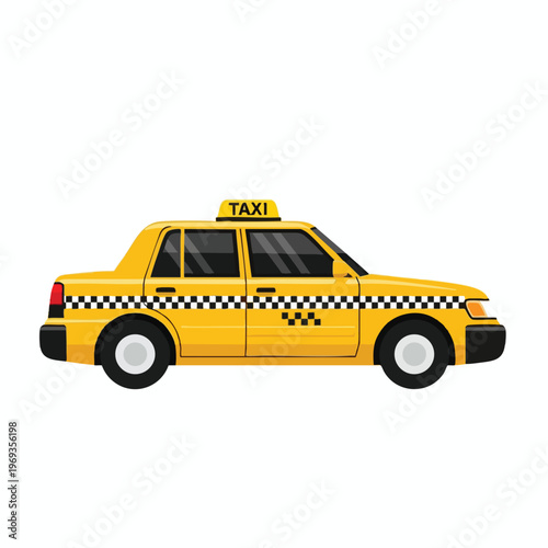 A yellow car with a checkered stripe and a TAXI sign on top, white background