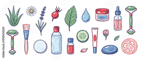 Various hand-drawn skincare and cosmetic elements, including natural ingredients, tools, and product containers, are arranged in a vibrant, illustrative style