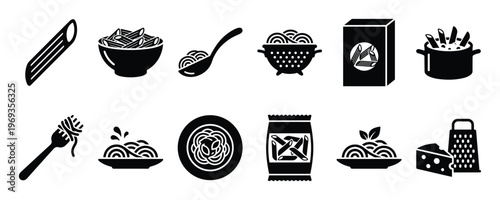 Various black silhouette pasta and noodle icons are arranged in two rows, showcasing different forms and preparations