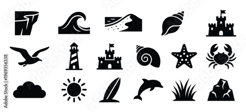Collection of black silhouette icons representing various beach and ocean elements, including sea creatures, natural landscapes, and summer symbols