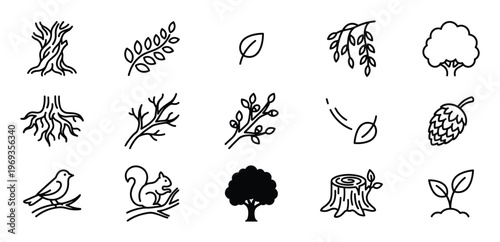 Collection of various nature-themed line art icons, including trees, leaves, branches, animals, and plants, presented in a clean, minimalist style