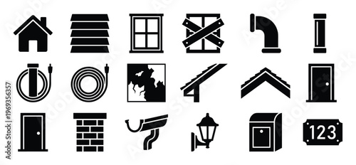 Comprehensive collection of black silhouette home repair and construction icons, presented as a clear and useful graphic resource
