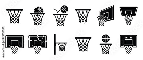 Various black basketball hoop and net icons are displayed in a clean, graphic, and modern style