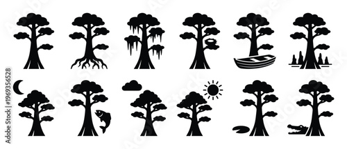 Collection of various stylized black silhouette swamp trees and related elements, presented as a graphic design set