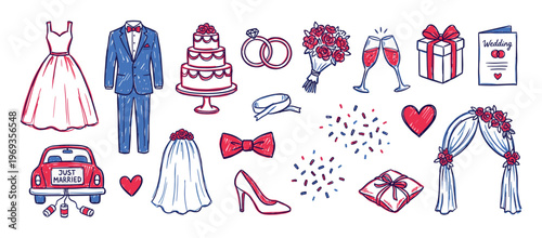 Collection of hand-drawn wedding elements, including a dress, suit, cake, rings, bouquet, and car, in a charming doodle style