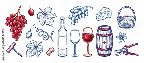 Various hand-drawn wine-making elements, including grapes, leaves, bottles, glasses, and tools, are presented in a charming sketch style