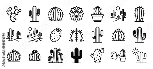 Collection of various outline cactus icons, including potted plants, desert landscapes, and different species, presented in a clean, minimalist style