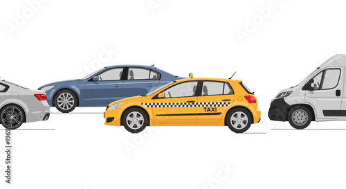 Variety of vehicles cars taxi and van arrayed on white background