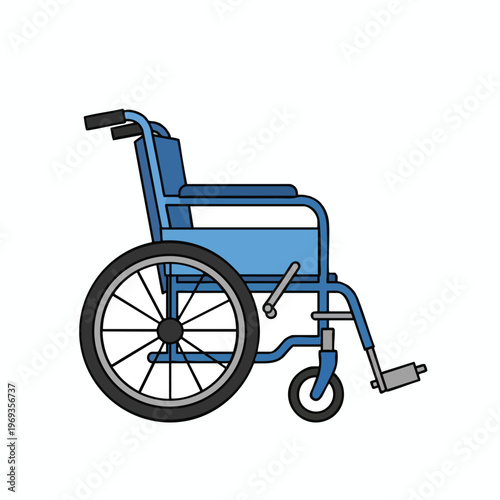Blue manual wheelchair with large rear wheels and smaller front casters on white background