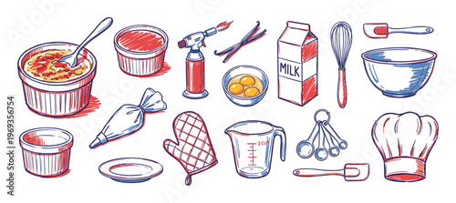 Various baking ingredients and tools, including a chef's hat, whisk, measuring cups, and vanilla beans, are depicted in a hand-drawn style