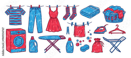 Vibrant collection of hand-drawn laundry items, including a washing machine, clothesline with garments, and ironing tools, depicted in a playful doodle style