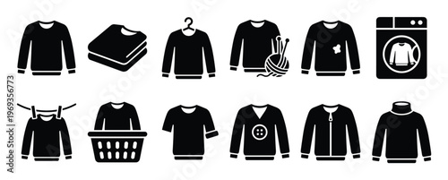 Collection of black and white sweater icons depicting various states and types of clothing, presented in a clean, graphic style
