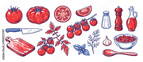 Collection of hand-drawn red tomatoes, herbs, and kitchen utensils in a vibrant, illustrative style