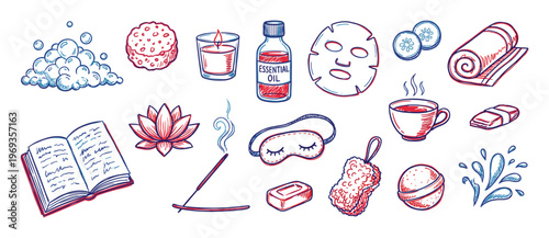 Hand-drawn collection of various spa and relaxation elements, including bath bubbles, essential oil, and a sleeping mask, rendered in a sketch style with red and blue accents