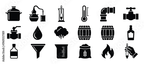 Collection of black silhouette icons representing various distillation and brewing equipment and elements, presented in a clean, graphic style