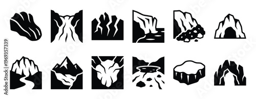 Collection of black and white stylized landscape icons depicting various natural rock formations, mountains, caves, and water features